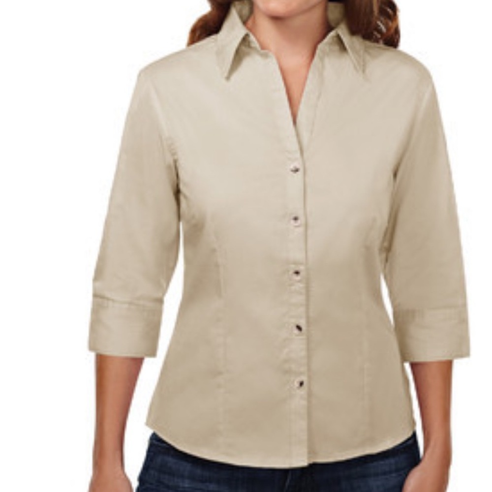 East 5th Linen Blend Women's Button-Up Shirt L Tan NWOT Career Classic Casual